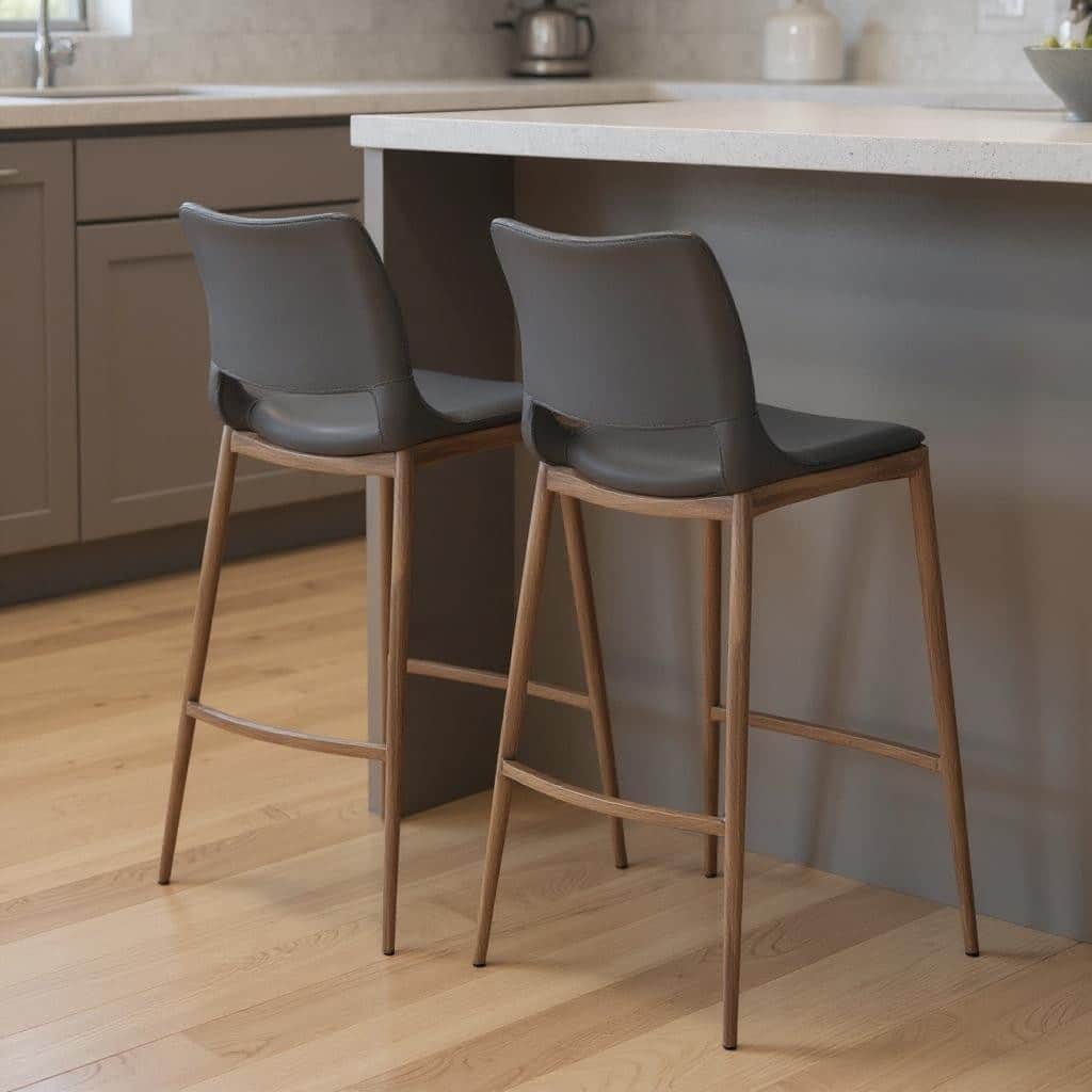 HomeRoots Set of Two 29" Dark Gray and Walnut Faux Leather and Steel Low Back Counter Height Bar Chairs