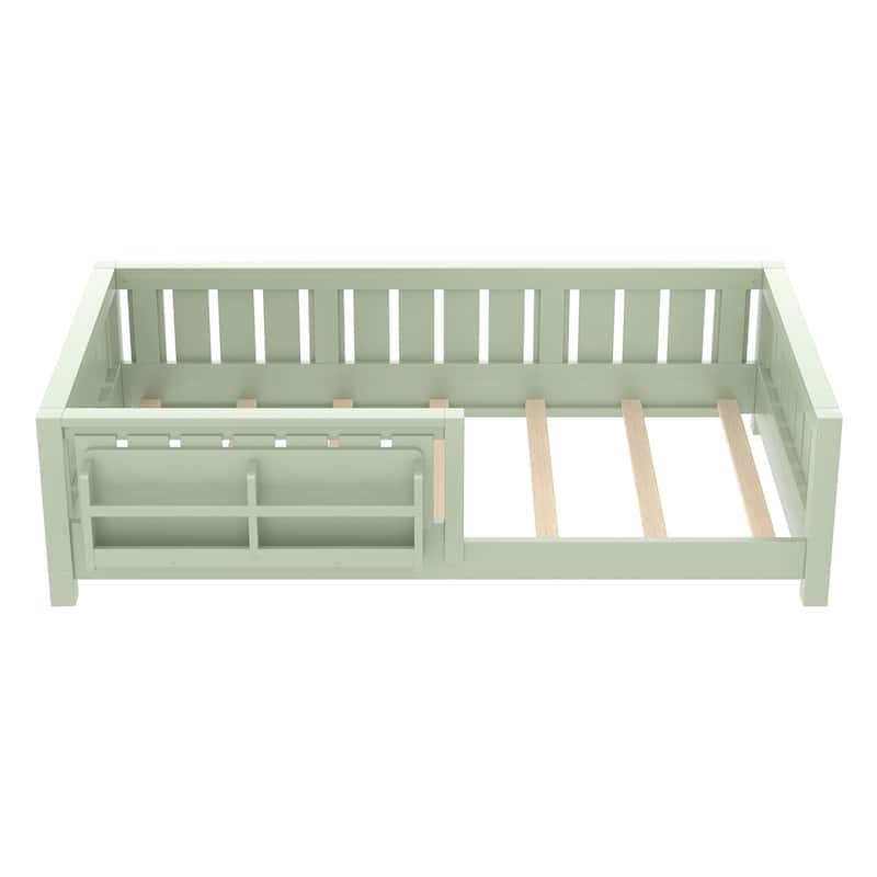 Low Profile Montessori Bed Floor Platform Bed with Fence and Bookshelf