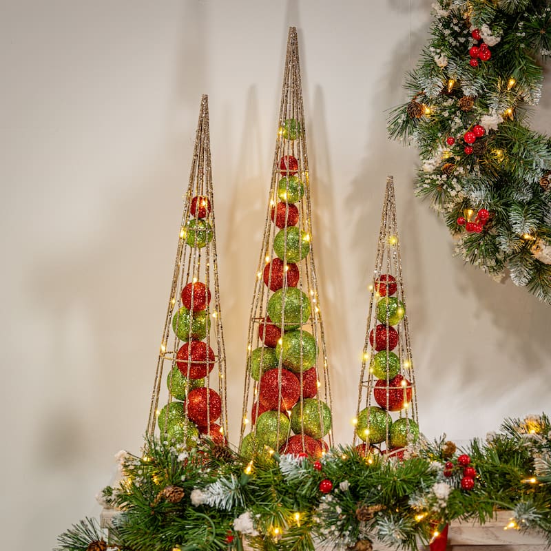 Set of 3 Lighted Red and Green Ornament Filled Cone Trees - N/A