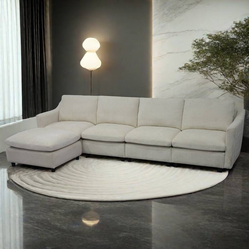 4-Seater Modern Beige Fabric Modular Sofa with Ottoman, Armrest Pockets and 4 Pillows