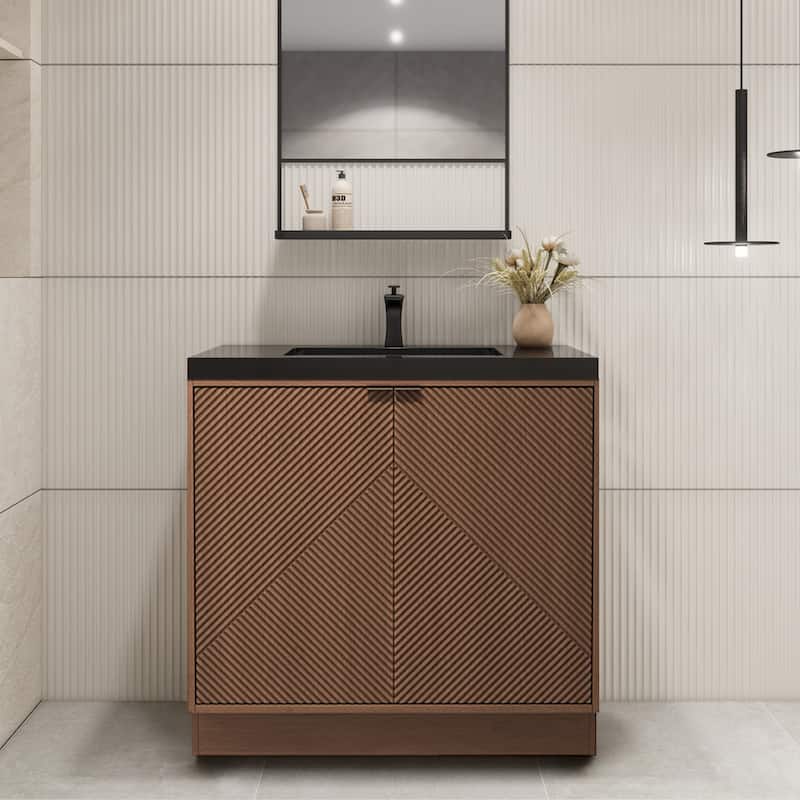Milano 36" Freestanding Bathroom Vanity with Black Acrylic Sink - 35.42" x 19.49" x 35.46'' - Brown