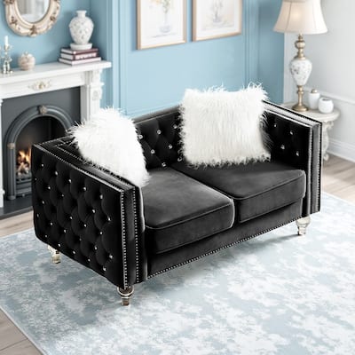 60 in. Velvet 2-Seater Crystal Tufted Button Trimmed Nailhead Loveseat Couch in Black with Acrylic Legs & Pillows