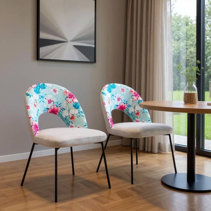 HomeRoots Set of Two Gray and Black Velvet And Steel Velvet And Steel Tropical Floral Dining Side Chairs - Set of 2 - 20.00 in. x 33.50 in.  x 24.00 in. - Gray