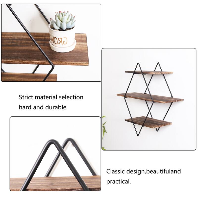 Floating Wall Mounted Display Shelf 3 Tiered Wooden Shelves Black Frame Shelving