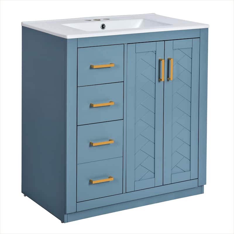 Freestanding Vanity Set, Wooden Bathroom Storage Cabinet, Bathroom Vanity with Ceramic Sink, 3 Drawers & Soft Closing Doors