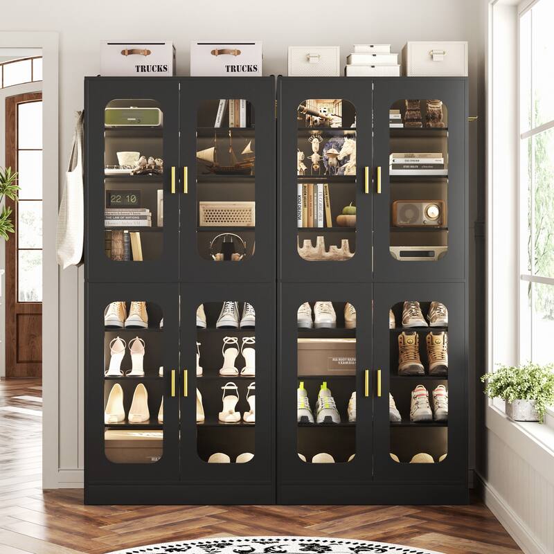 8-Tier Shoe Cabinet with LED Light, 32 Pairs Tall Shoe Storage Organizer with Side Hooks