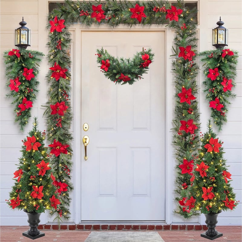 Glitzhome 4ft/5ft Pre-Lit Pine Artificial Christmas Potted Trees with Warm White Lights and Poinsettia Home Porch Decoration - 4 Foot - 7PK-Garlands & Swag & Teardrops & Trees