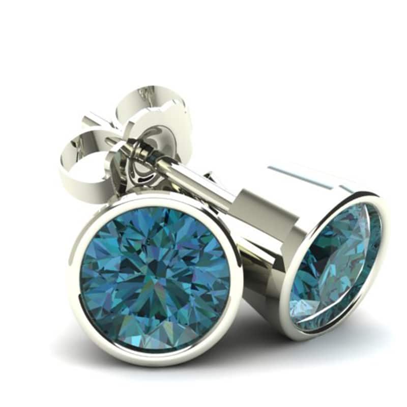 .50Ct Round Brilliant Cut Heat Treated Blue Diamond Stud Earrings in Gold Round Bezel Setting