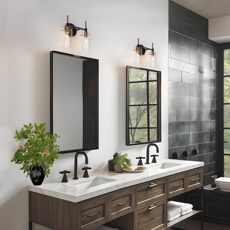 Modern Black Gold Bathroom Vanity Light Dimmable Wall Sconces with Cylinder Clear Glass