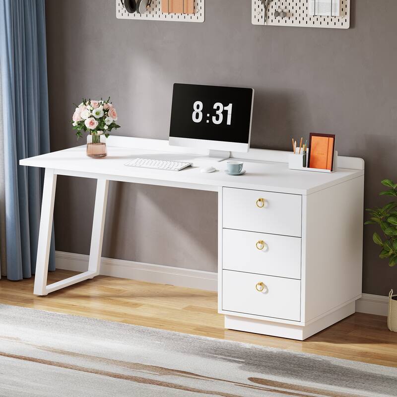 White Computer Desk with 3-Drawer, Wood Table for Work with Storage - White