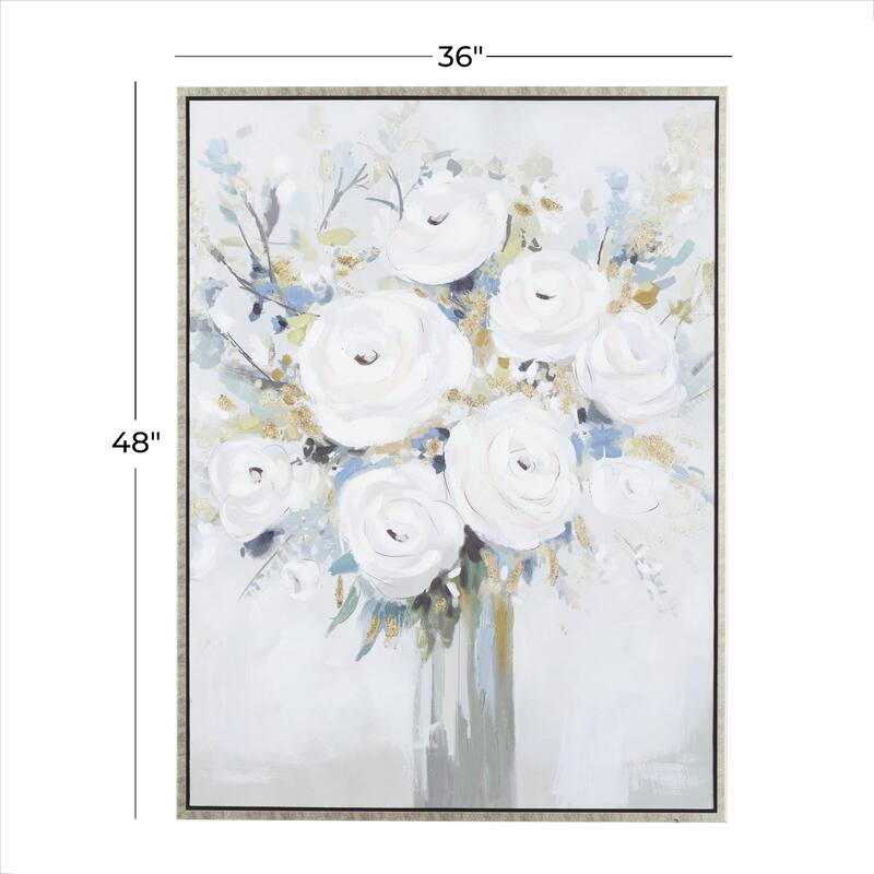 Canvas Floral Bouquet Framed Wall Art with Silver Frame - White - Roche River Decor