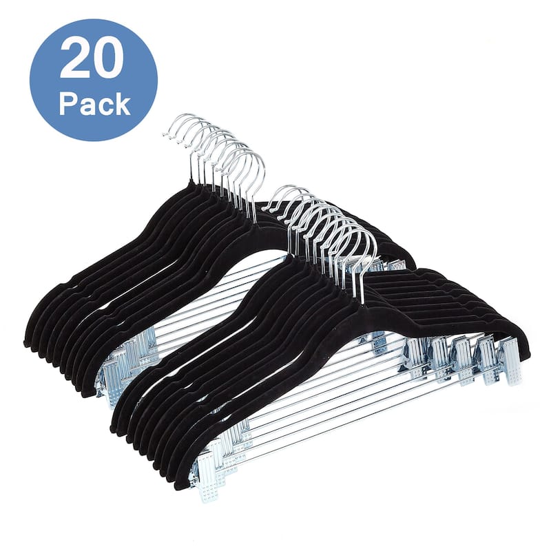 Javlergo 20-Pack Velvet Clothes Hangers, 16.5in Heavy-Duty Hangers with Adjustable Clips, Non-Slip, Space-Saving - Black