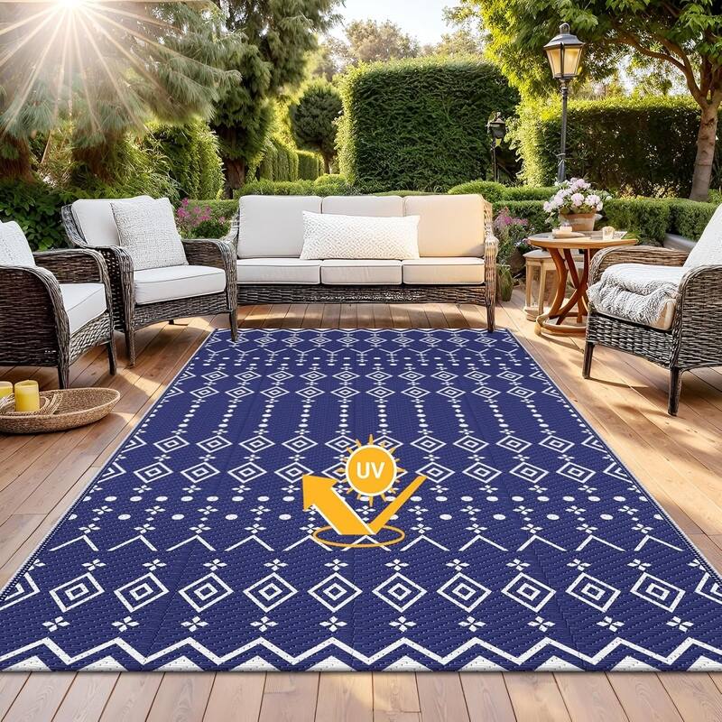 8' x 10' Reversible Outdoor Rug – Waterproof Plastic Straw Mat Blue