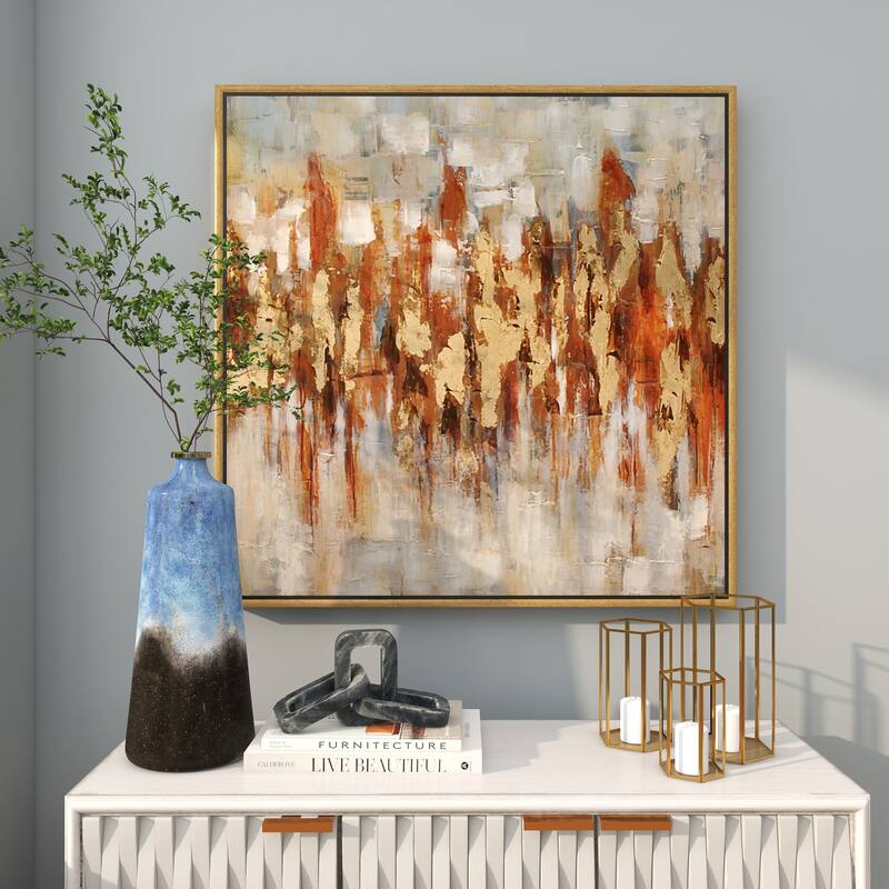 Canvas Abstract Living Room Framed Wall Art with Gold Frame - Gold - Roche River Decor