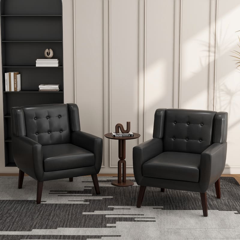 Cotton/ Linen Look Fabric Modern Accent Chair Armchair - Set of 2 - Black PU(Set of 2)
