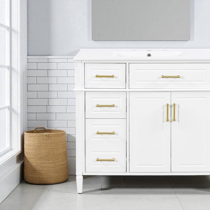 36" Freestanding Bathroom Vanity with Sink, Solid Pinewood & MDF Cabinet, 4 Drawers, 2 Doors, Gold Metal Handles