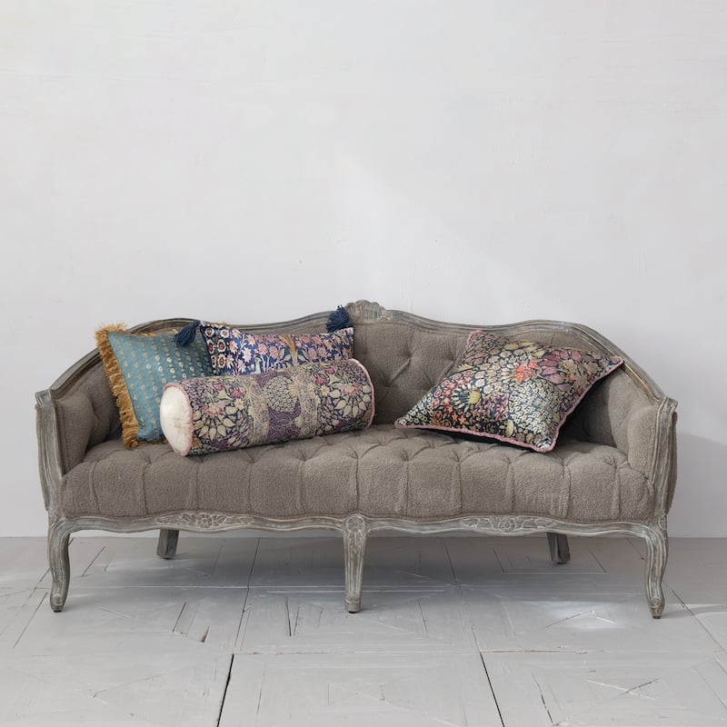 Bouclé Pintucked Sofa with Hand-Carved Mango Wood Frame