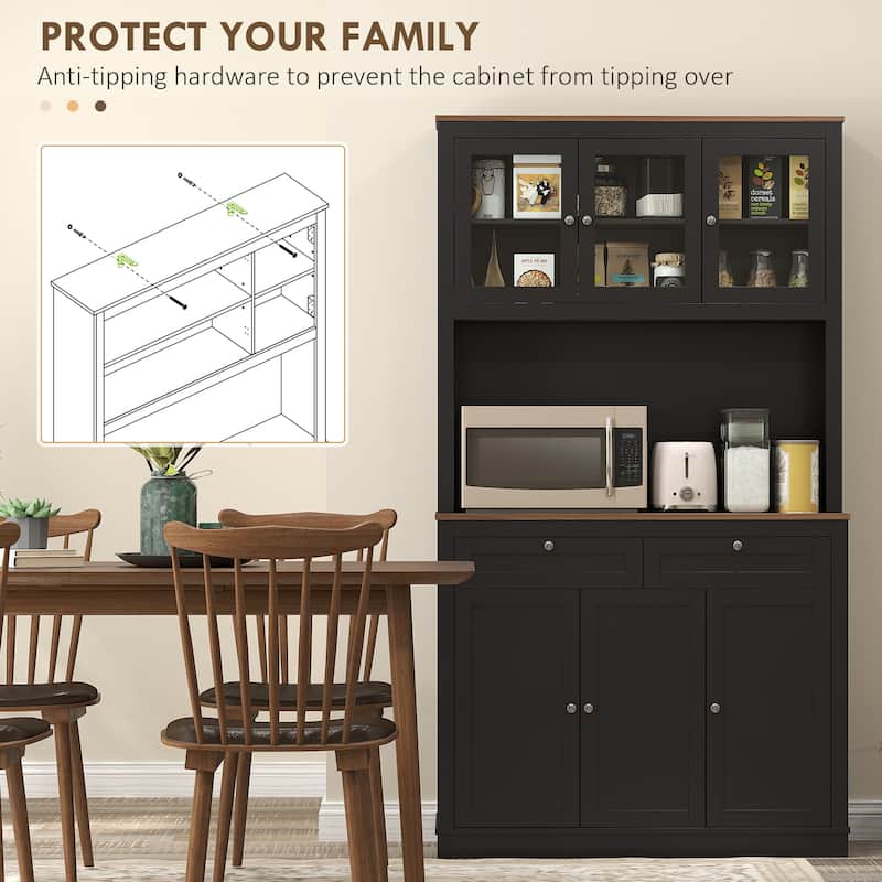 HOMCOM 71" Tall Kitchen Pantry Storage Cabinet with Microwave Stand, Adjustable Shelves and Glass Doors for Kitchen, White