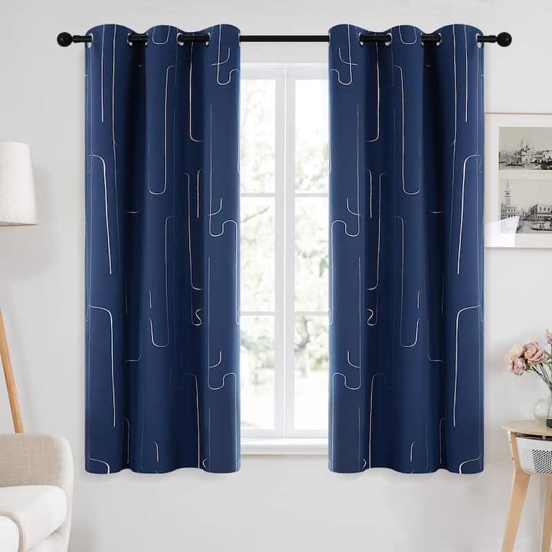 Grommet Curtains, Room Darkening Window Drapes with Lines Foil Print