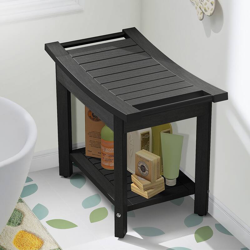 Plastic Shower Stool with Handles Storage Shelf Water Resistant & Non-Slip Shower Seat - Black