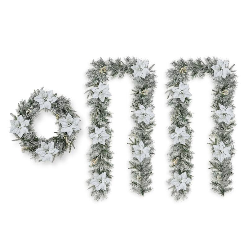 Glitzhome Pre-Lit Snow Flocked Christmas Wreath or Garland With LED and Timer