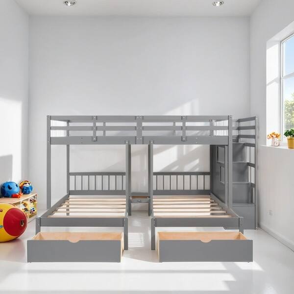 slide 2 of 18, Full Over Twin & Twin Wood Triple Bunk Bed with Drawers and Guardrails, Gray Grey
