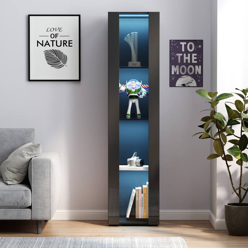 4-Tier Storage Display Cabinet with Shelves, LED Light Accent Cabinet Curio Cabinet Modern Side Cabinet for Living Room - Black