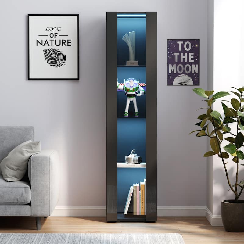 Storage Cabinets with Aluminum Strip Lamp & with Glass Shelves - Black-4 Tiers