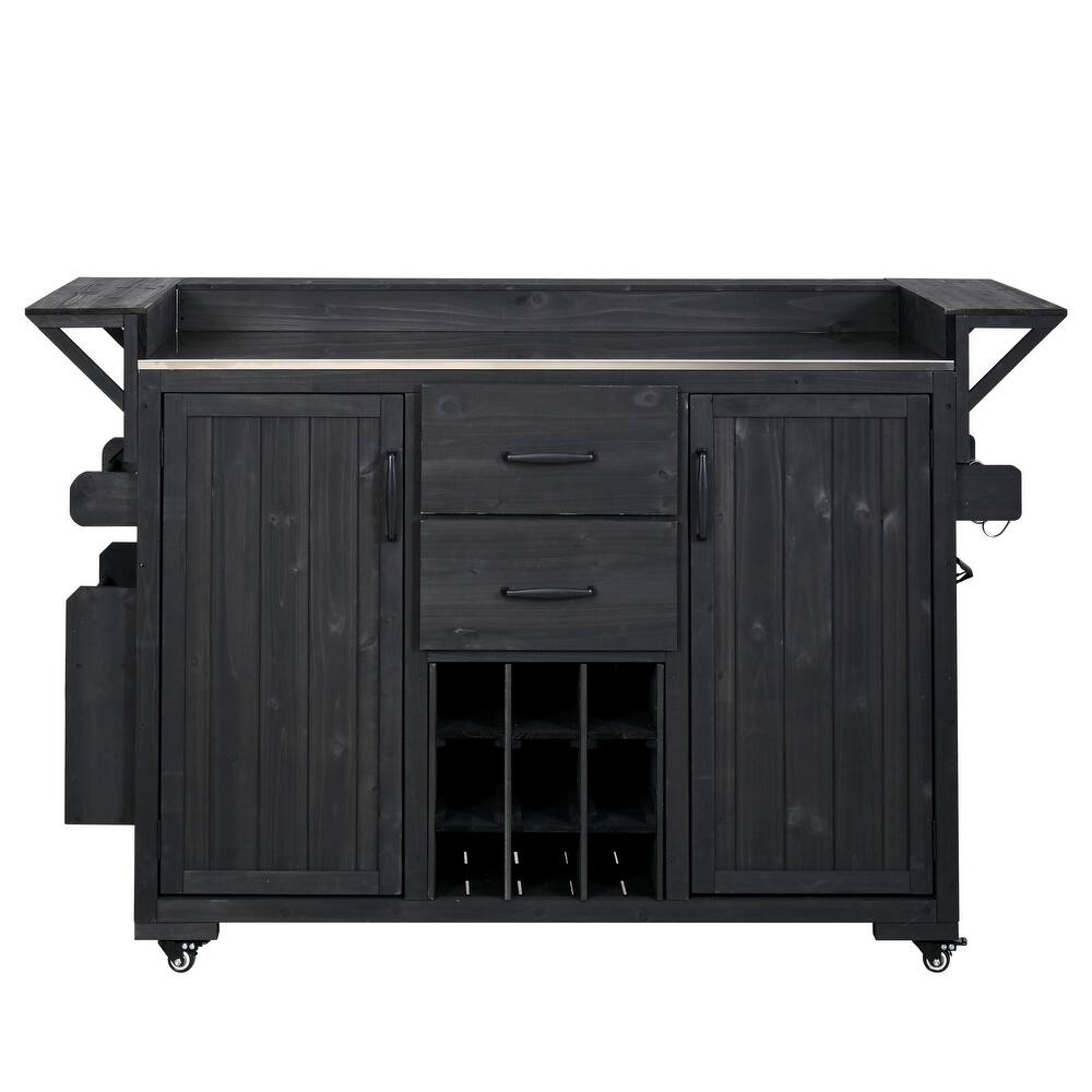 60.2"W Rolling Outdoor Kitchen Island with Wheels and Stainless Steel Top, Wood Grill Cart with Spice Rack&Wine Rack