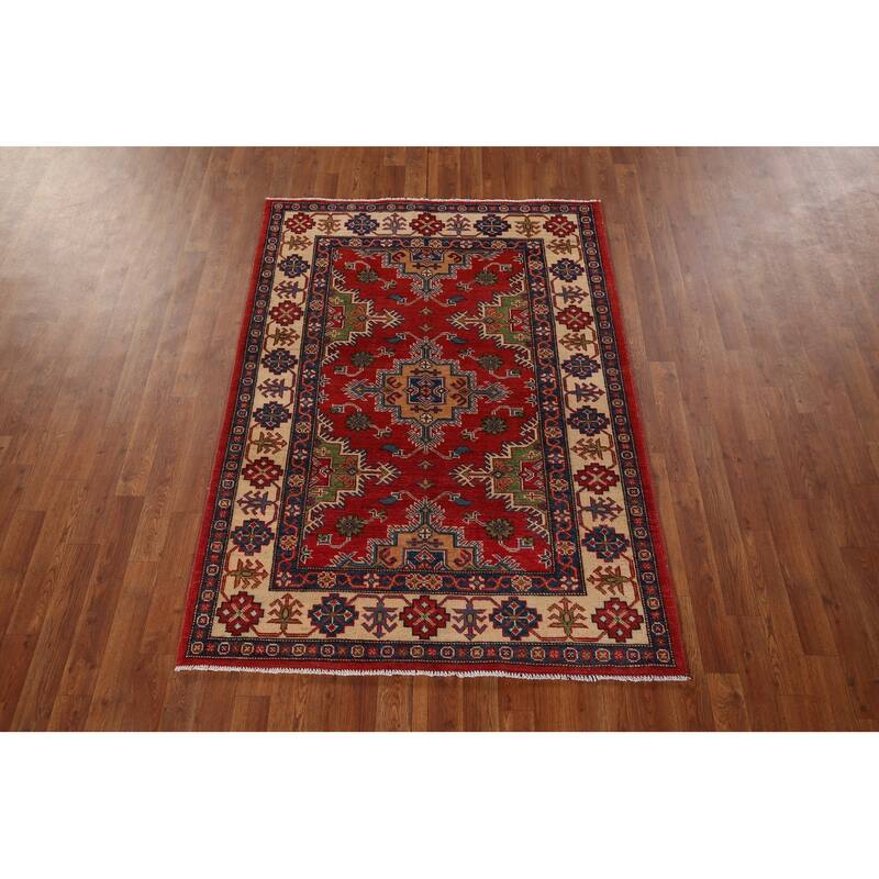 Oriental Kazak Area Rug Handmade Wool Carpet - 4'0" x 5'10"
