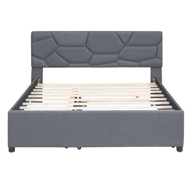 Grey Queen Upholstered Platform Bed with Brick Pattern Headboard and Trundle