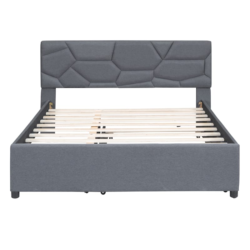 Linen Platform Bed with Trundle and Brick Headboard