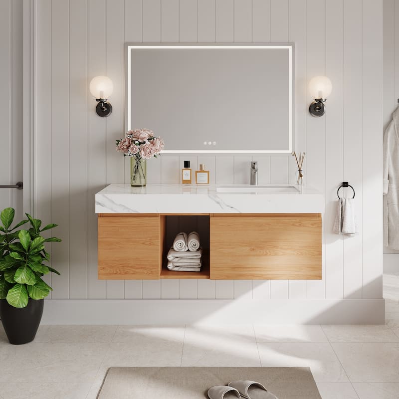 48" Mid Century Single Bathroom faux marble Vanity with Top, Solid Wood, Floating Vanities for Bathroom - 47.6" x 19.6"