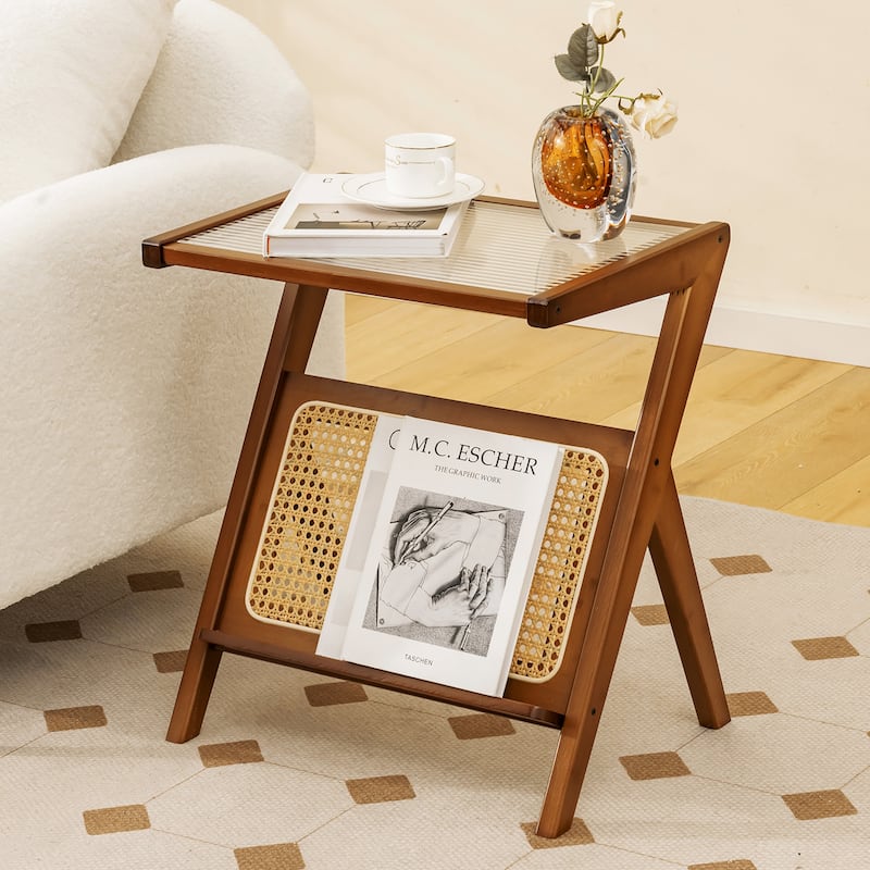 Gymax 2 Pieces Boho End Table with Magazine Rack Versatile Bamboo
