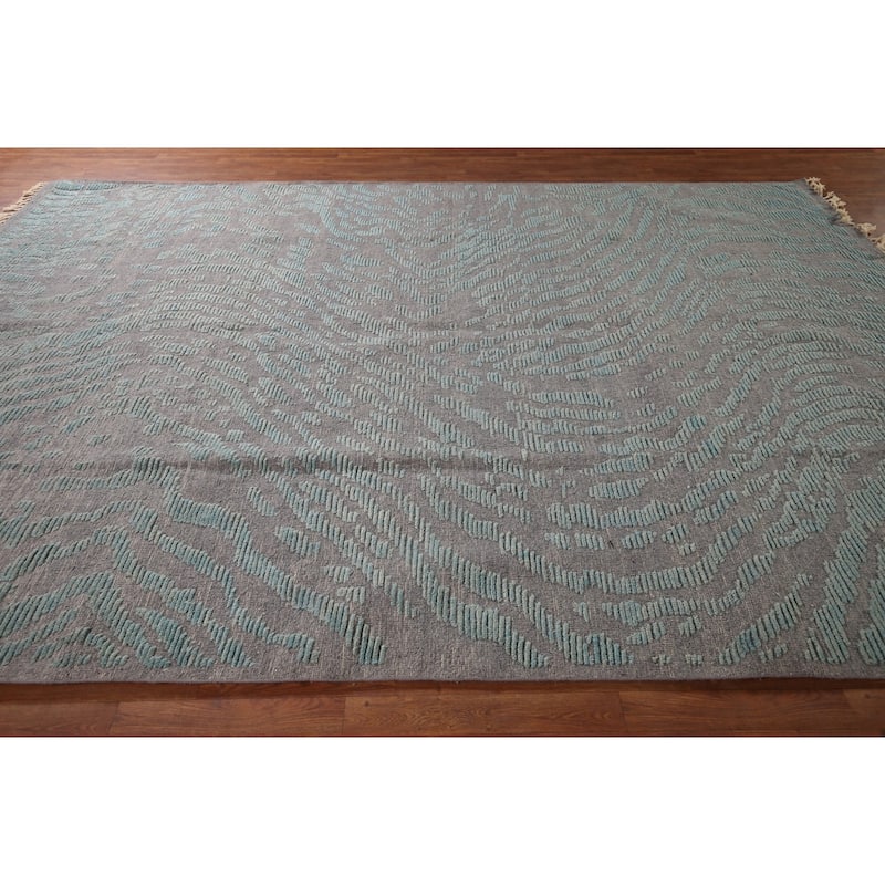 Grey Blue Moroccan Abstract Area Rug Hand-Knotted Wool Carpet - 9'0"x 12'7"