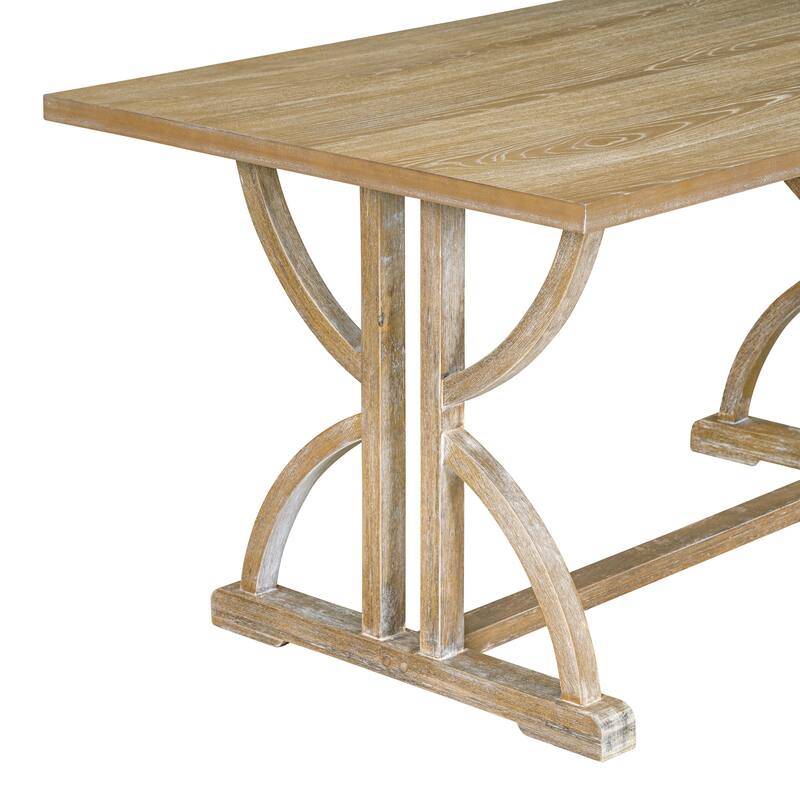 Natural Wood Wash Retro 6-Piece Wooden Dining Table Set with 4 Tufted Chairs & Bench