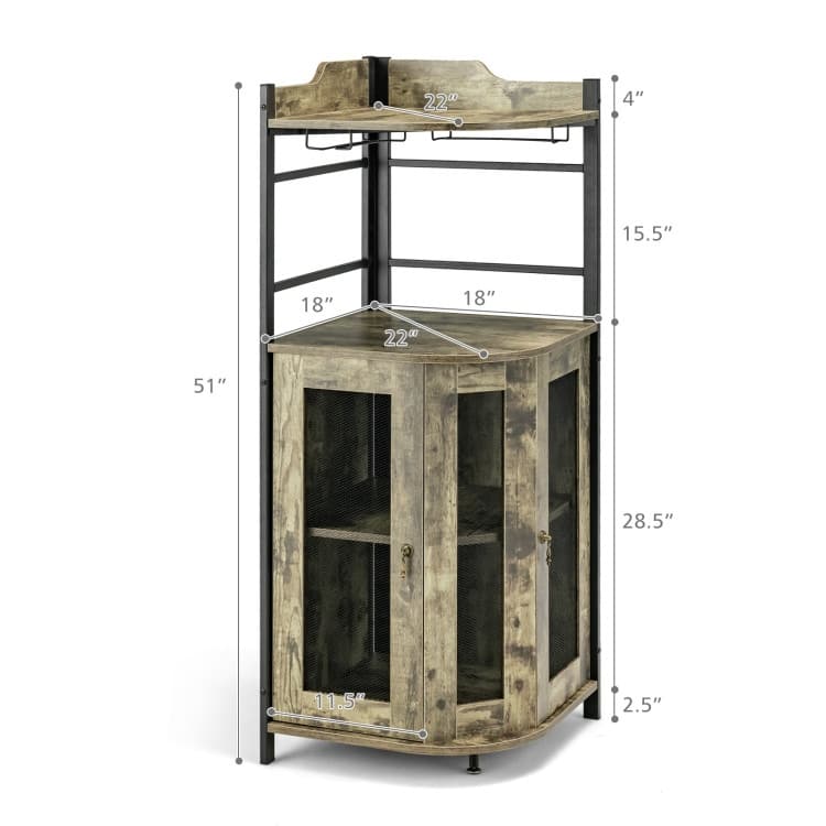Industrial Corner Bar Cabinet with Glass Holder and Adjustable Shelf - 19" x 19" x 51"