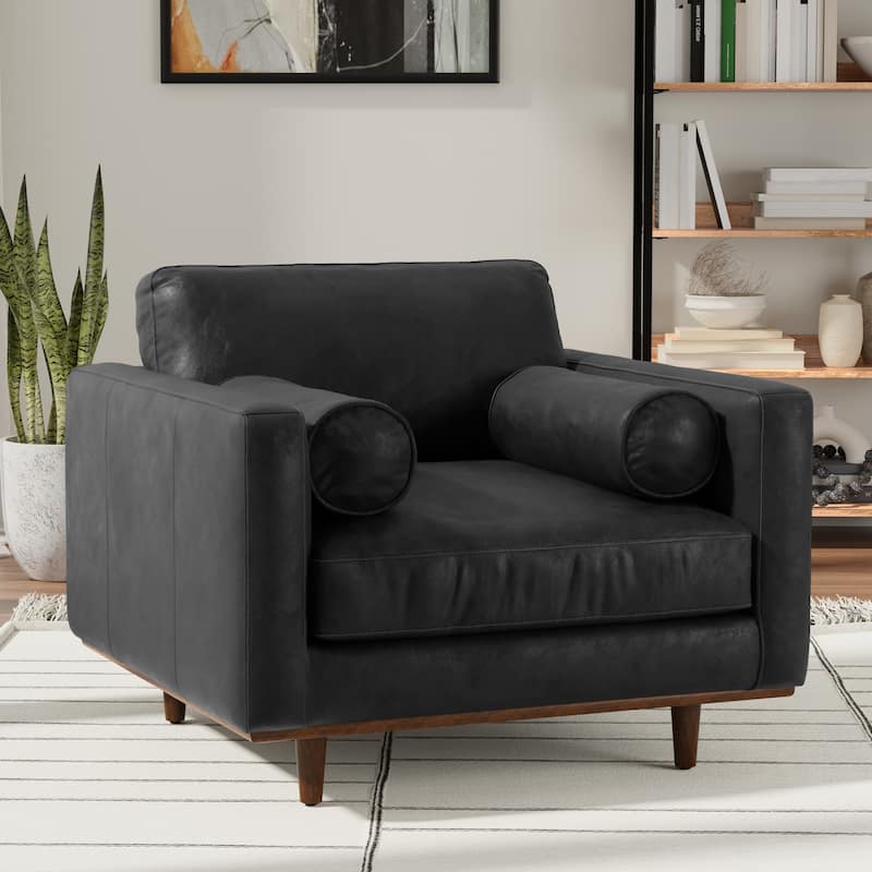 WYNDENHALL Brixley 43 inch Wide Mid-Century Modern Accent Chair in Top Grain Genuine Leather - 42.9" W x 38.25" D x 34" H - Lead Black
