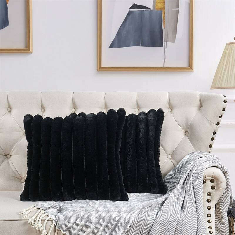 Fuzzy Striped FauxFur Pillow Shell Soft Cushion Covers for Sofa