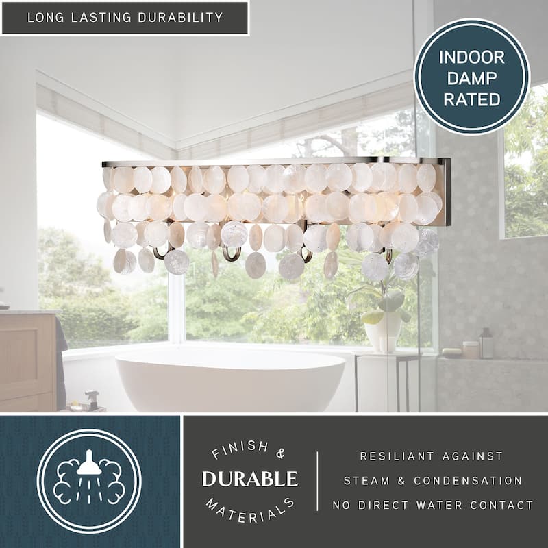Elsa 4 Light Satin Nickel Capiz Shell Coastal Bathroom Vanity Fixture - 28-in W x 9-in H x 5.5-in D