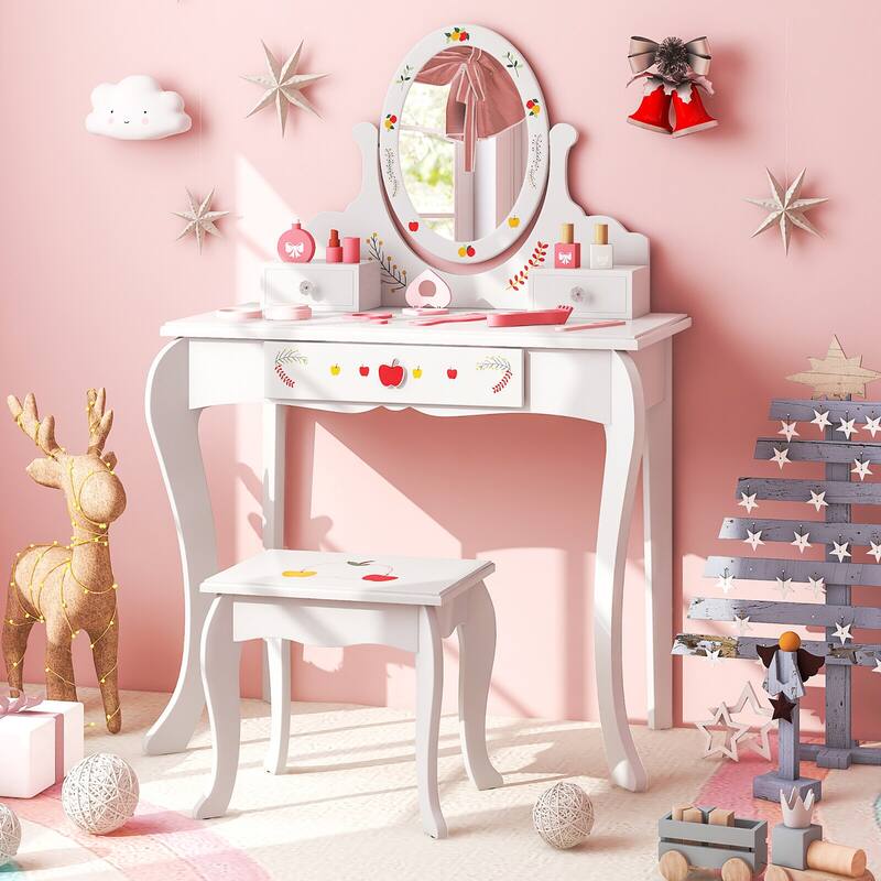 Gymax Kid Vanity Table Stool Set Dual-use Rotatable Mirror Whiteboard