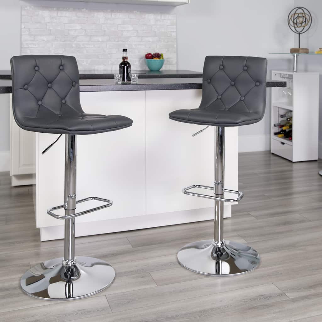 2 Pack Contemporary Button Tufted Adjustable Height Barstool with Chrome Base - 15"W x 18"D x 35.25" - 43.75"H