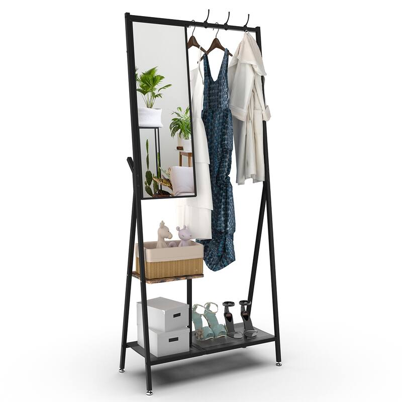 Industrial-Style Foyer Coat Rack with Shoe Cabinet Mirror, Aluminum Frame, for Living Room and Bedroom