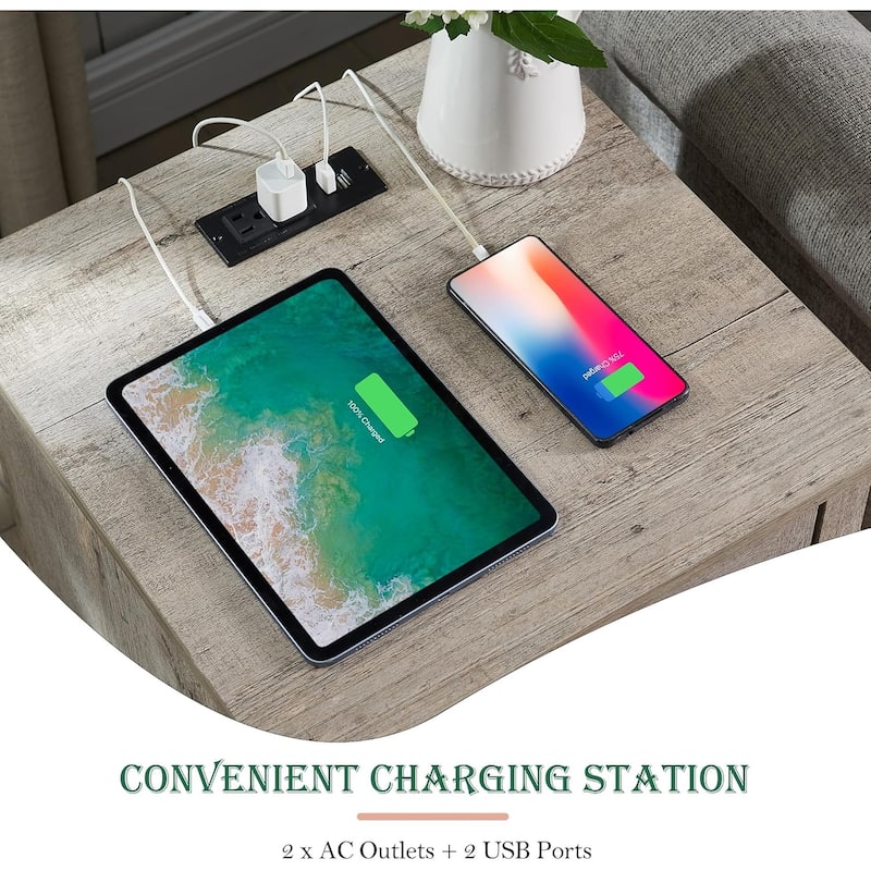 Farmhouse Nightstand Set of 2 with Charging Station, End Table