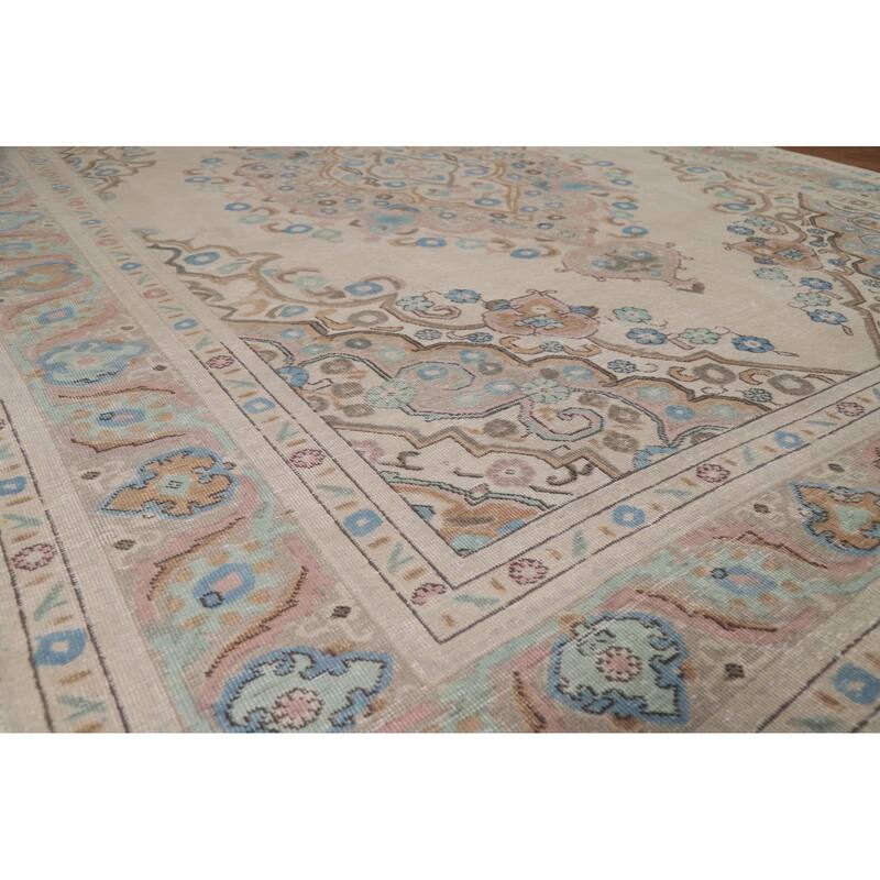 Beige / Ivory Medallion Tabriz Persian Rug Hand-Knotted Wool Carpet - 8'0"x 11'4"