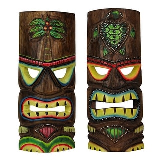 12 Inch Carved Wood Tiki Mask Wall Art Palm Tree/ Turtle (Set Of 2 ...