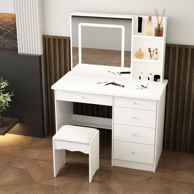 Makeup Vanity Set with Stool and 3 Color Touching Mirror Dresser Table - 39.4"W