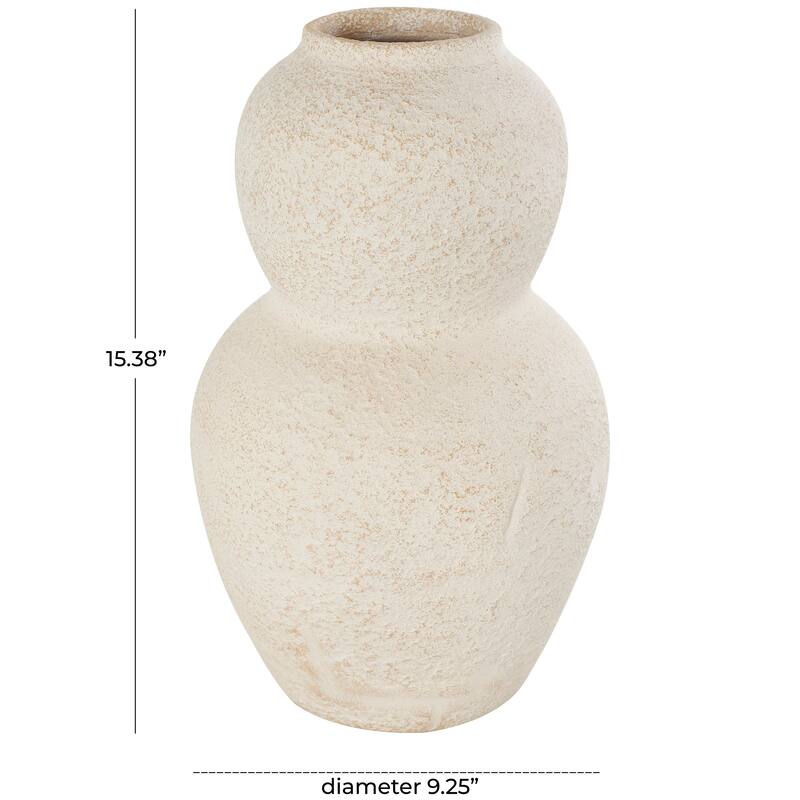 Cream Ceramic Hourglass Textured Vase with Brown Distressing