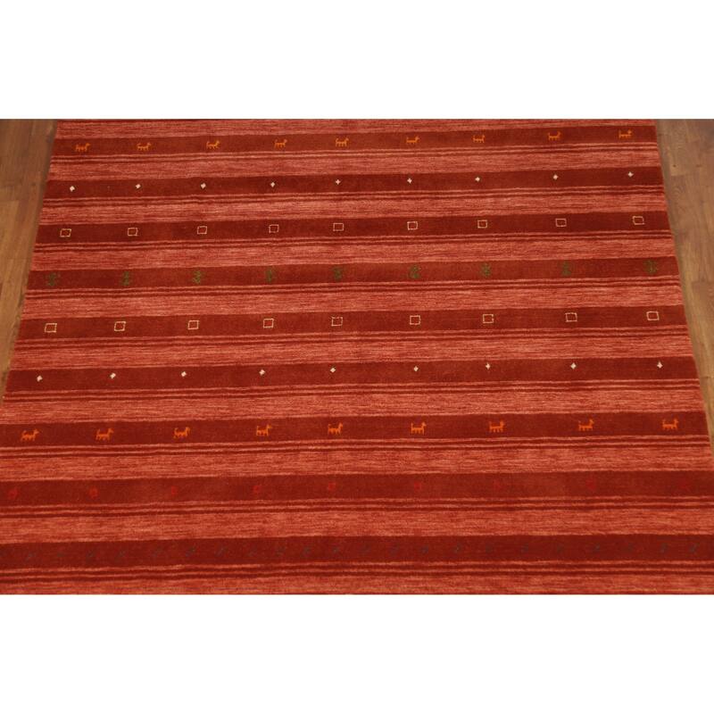 Hand Knotted Oriental 100% Wool Carpet Tribal Stripe Oranges & Rust Gabbeh Area Rug - 9' 9'' X 6' 9''