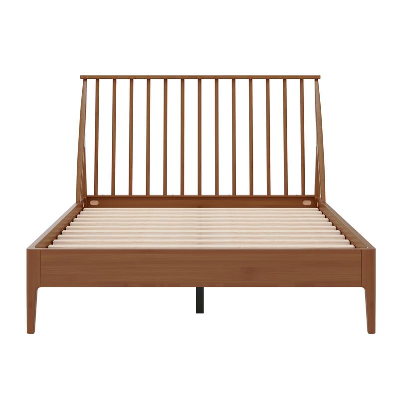 Solid Bamboo Platform Bed Bohemian Bed Frame with 46.5" Tall Spindle Headboard/Wooden Slats & Metal Support/No Box Spring Needed